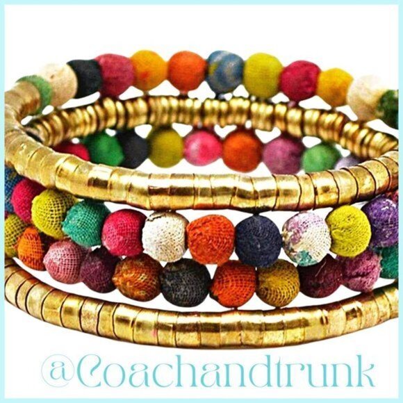 Sari Cloth Coil Wrap Bracelet Handcrafted India 2 Tassels Semi Adjustable NWT - Picture 3 of 8